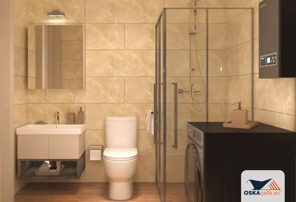 Banyo render görseli: bej mermer desenli büyük seramik duvarlar, aynalı dolap, askılı lavabo dolabı, klozet, cam duşakabin, sağda siyah tezgâhın altında çamaşır makinesi ve duvarda cihaz.