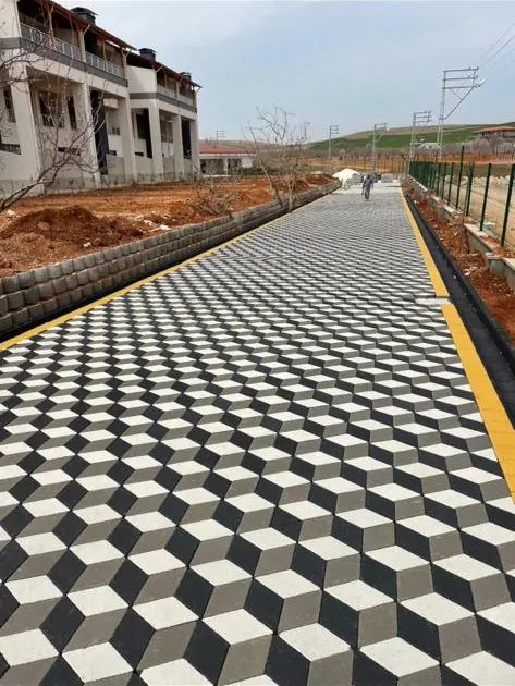 Siyah, gri ve beyaz kilit parkelerle üç boyutlu küp etkisi verilmiş, kenarı sarı çizgili yaya yolu ve yan tarafında binalar