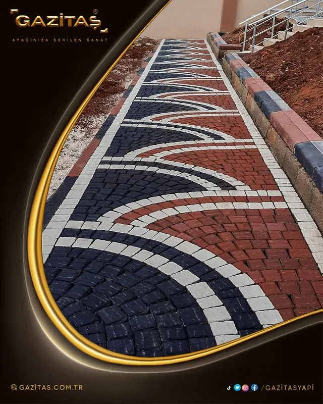 GAZİTAŞ çerçeveli afişte, kırmızı, siyah ve beyaz küçük parkelerle yay desenleri işlenmiş yürüyüş yolu